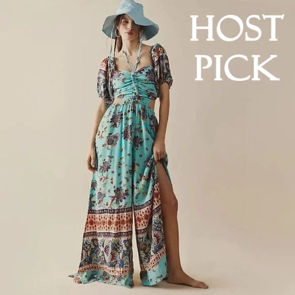 NWT Free People turquoise blue tropical floral print one piece jumpsuit, S